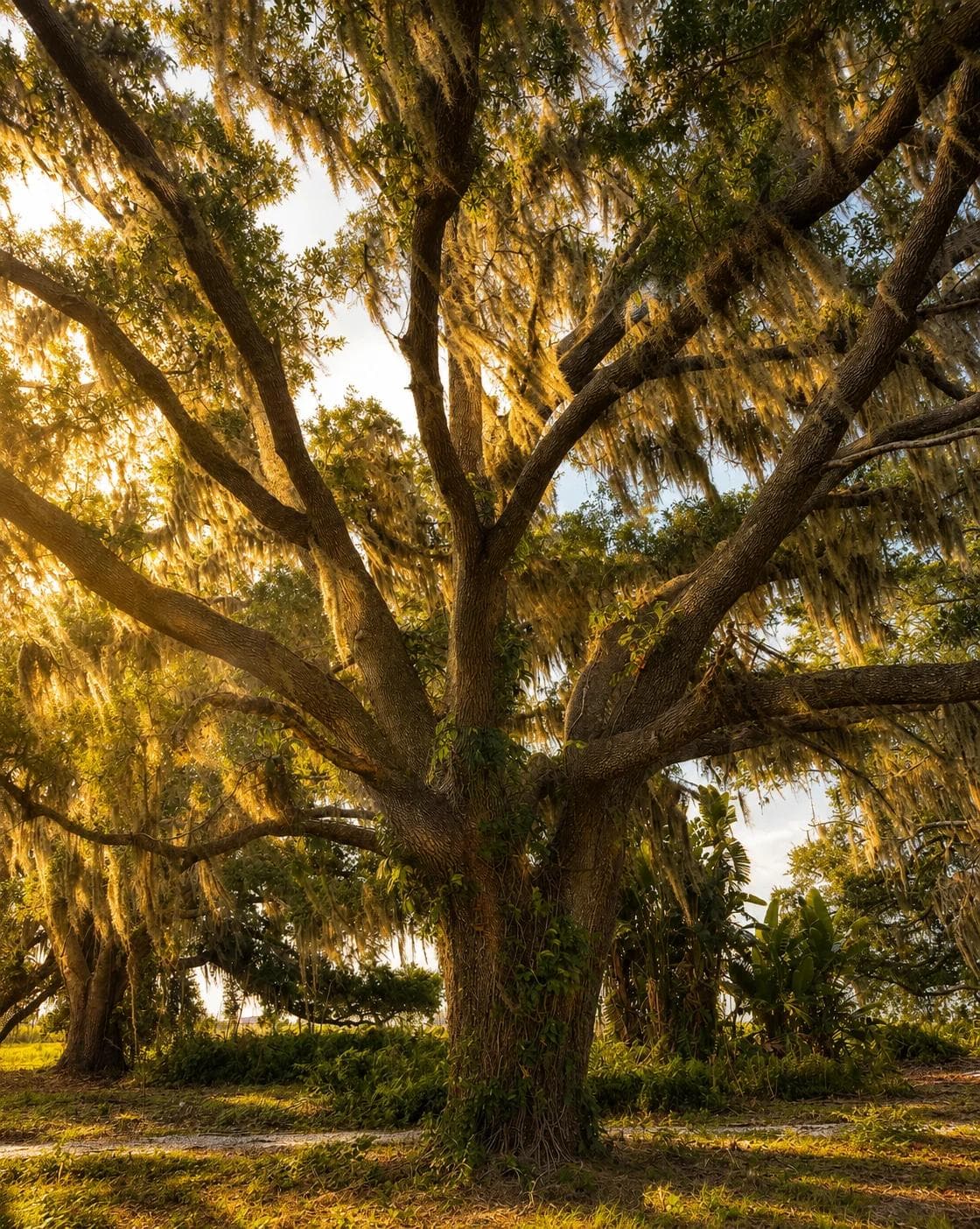 Mature live oak draped in Spanish moss backlit by golden evening light at Arbour Lake Preserve