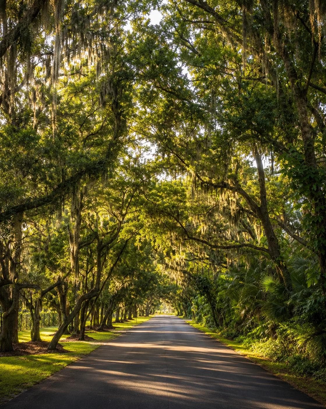 Live oak canopy arching over the approach road at Arbour Lake Preserve, Sarasota